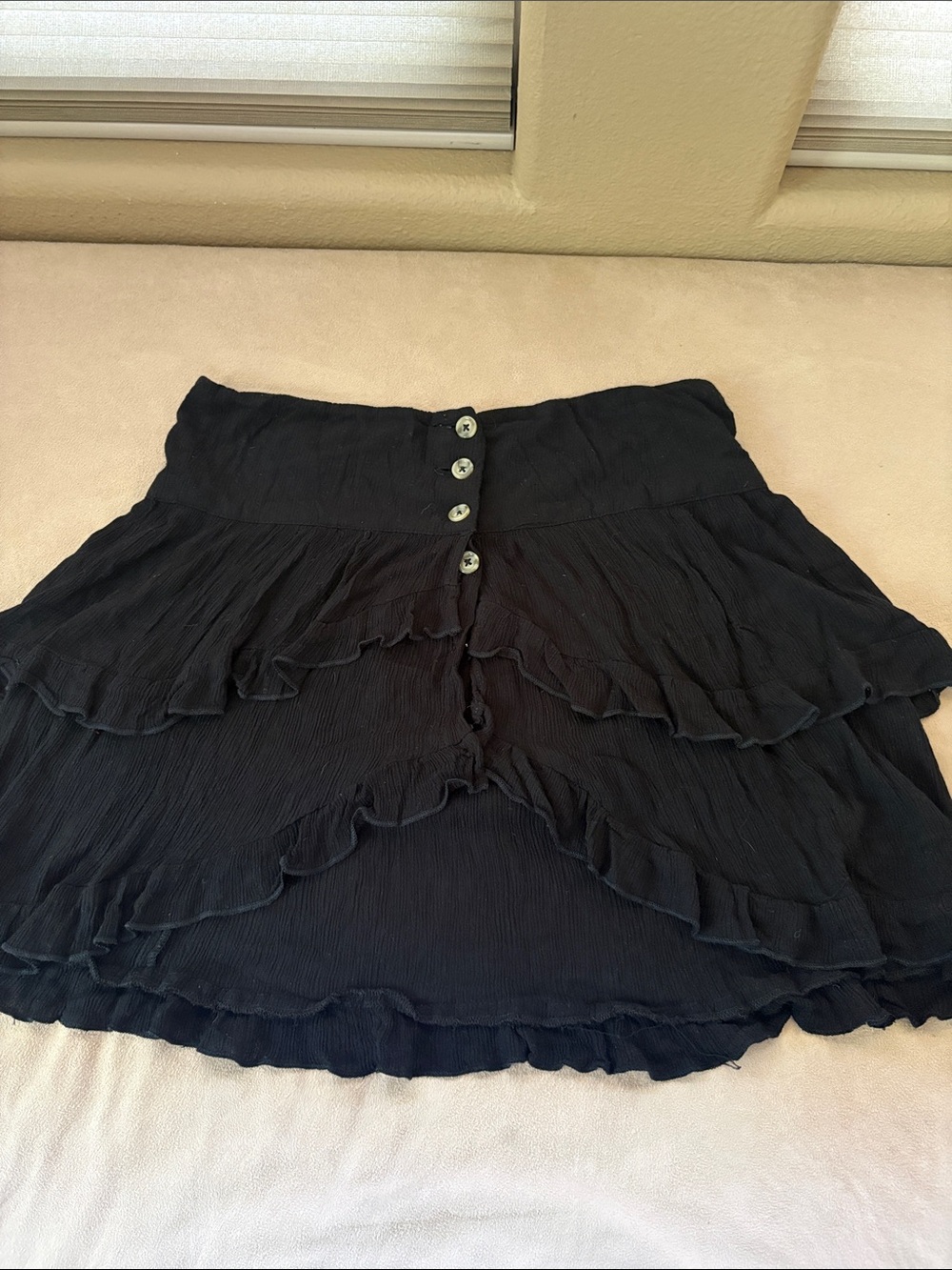 Free People Black Tiered Ruffle Mini Skirt with Button Front